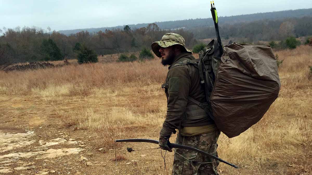 Matt Tate heading into mountains for 7 days with survival pack and handmade hickory bow