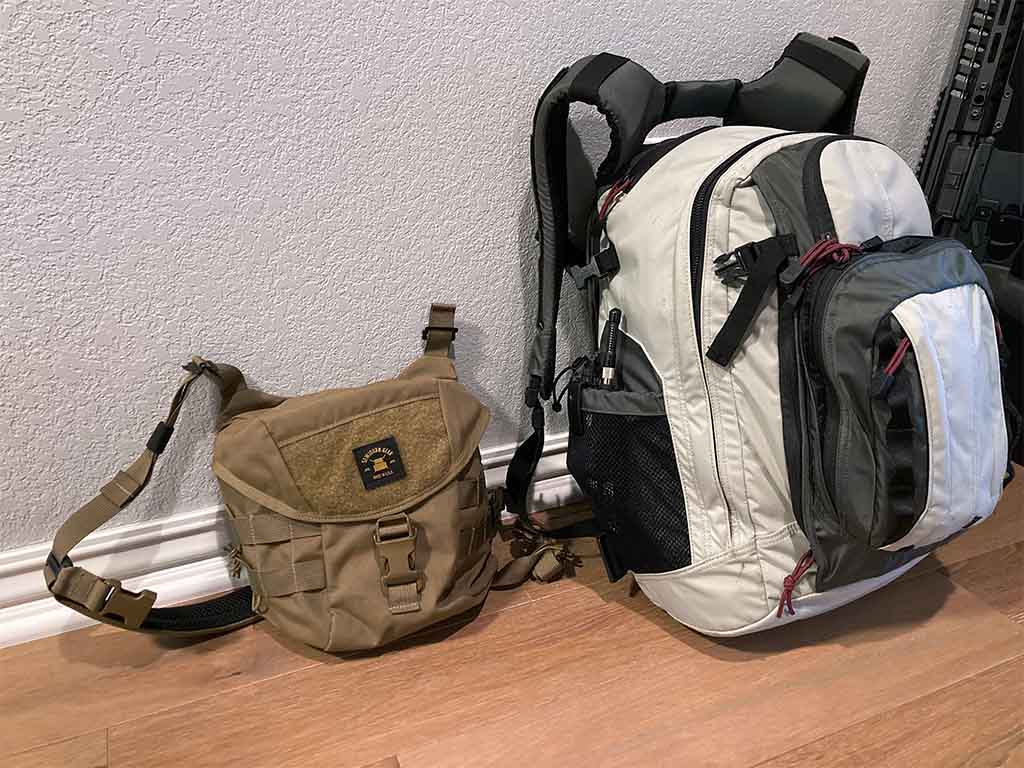 Bugout Bag - discrete backpack and Sewjourn MinuteMan messenger type bag